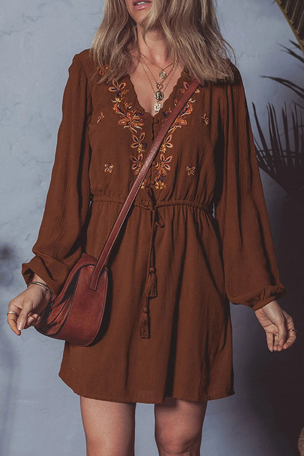 Floral  Embroidered Long Sleeve Mini Dress