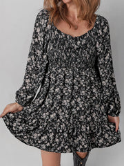 Floral Long Sleeve Frilly Shirred Mini Dress