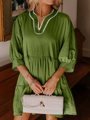 Striped Hem 3/4 Sleeve Tiered Dress