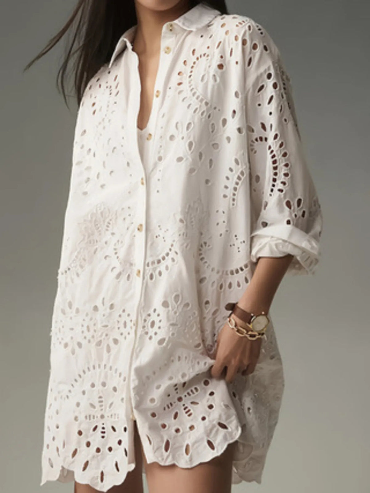 Eyelet Button Front Shirt Dress