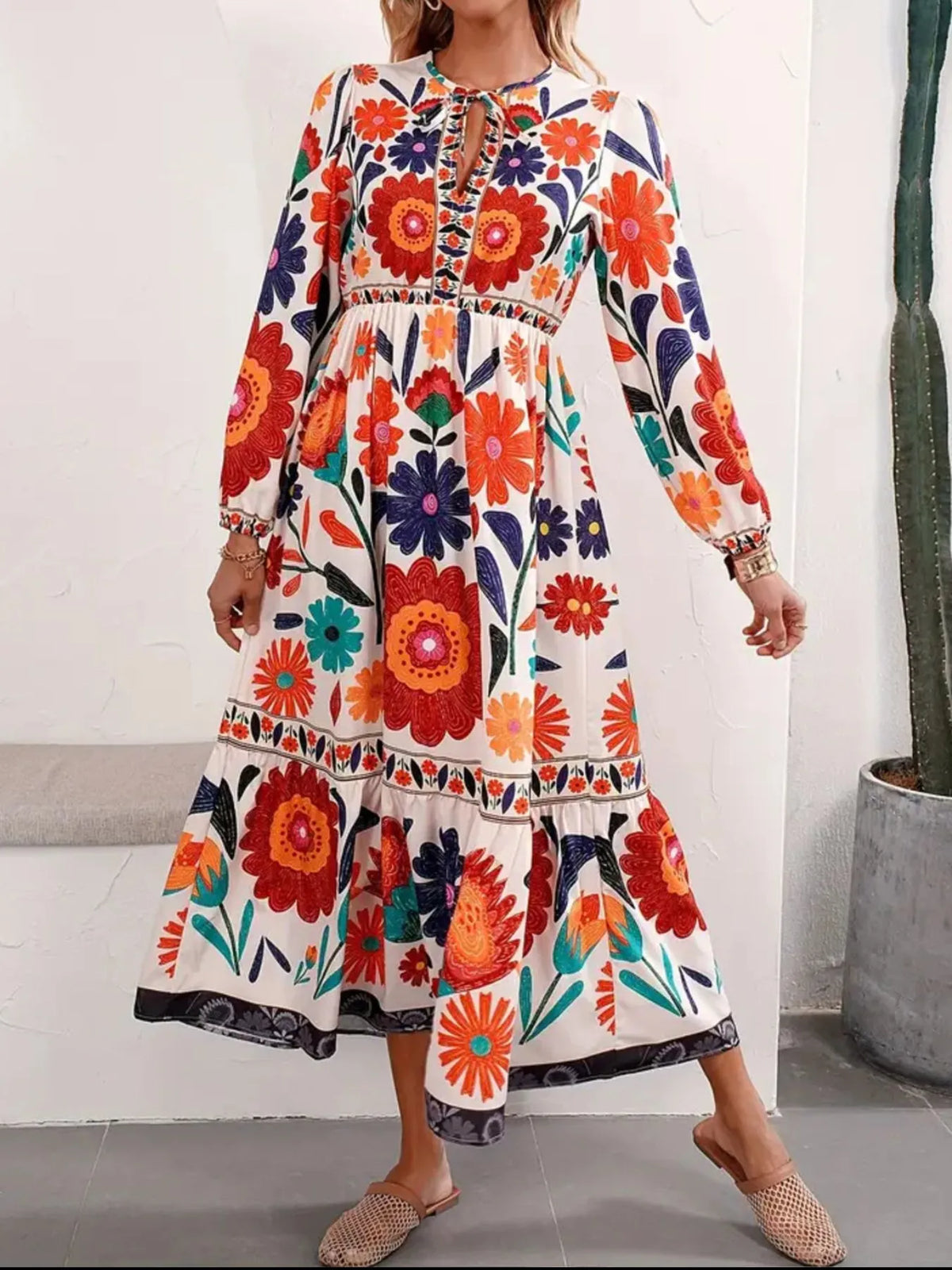 Floral Tie Waist Long Sleeve Dress
