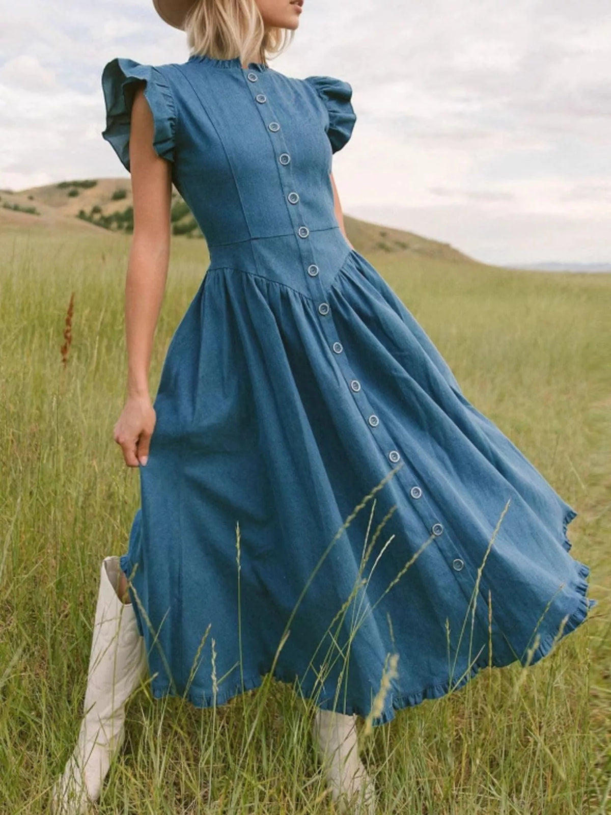 Ruffled Cap Sleeve Denim Dress