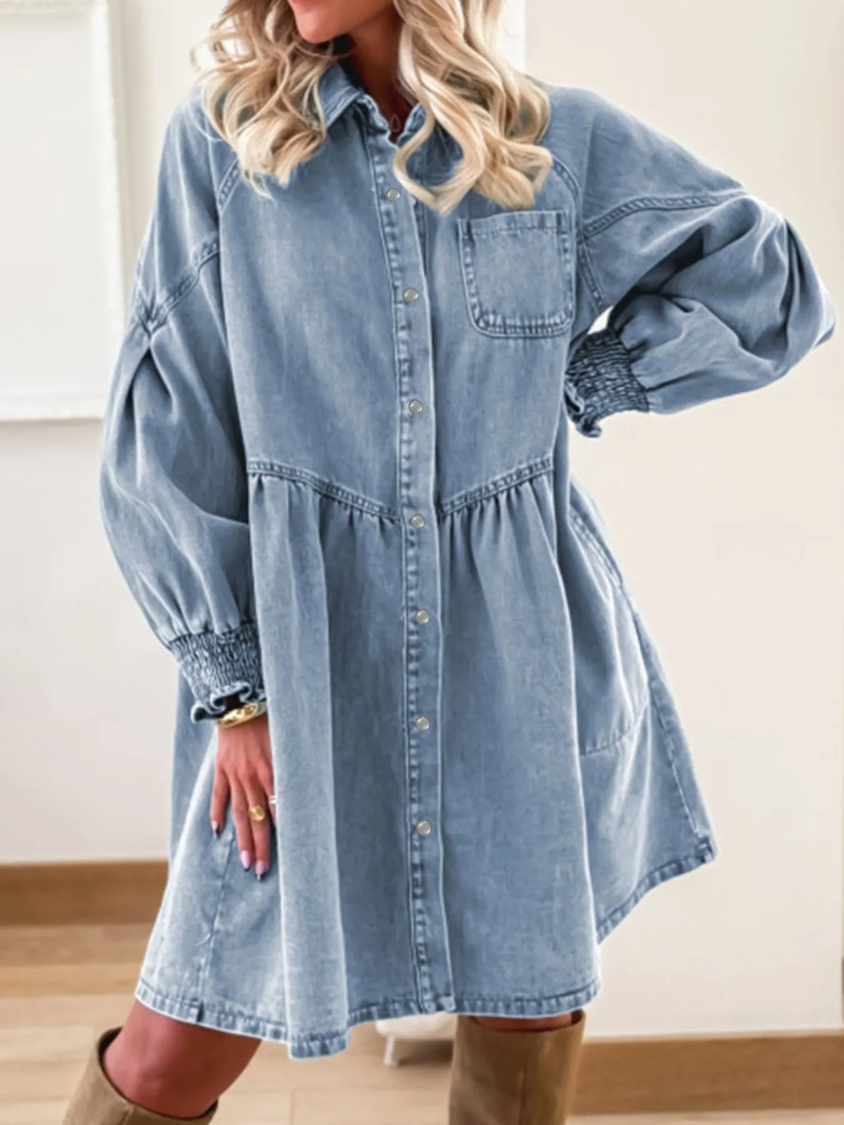 Button-Up Denim Shirt Dress with Smocked Cuffs
