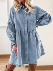 Button-Up Denim Shirt Dress with Smocked Cuffs