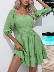 Tie Back Ruffled Hem Square Neck Dress
