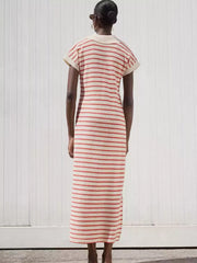 Striped Slit Short Sleeve Maxi Dress