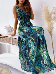Leaf Print Sleeveless Maxi Dress