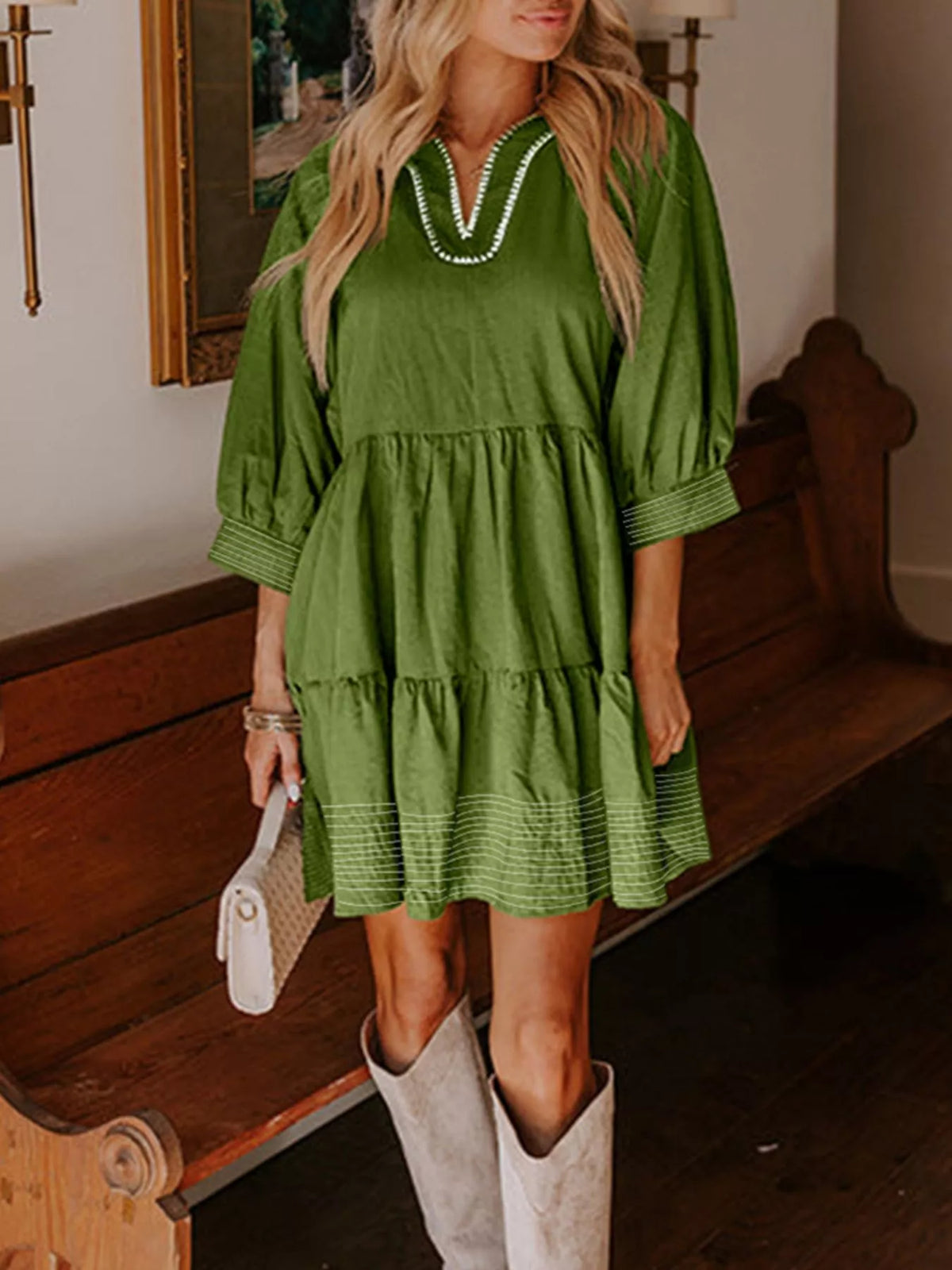 Striped Hem 3/4 Sleeve Tiered Dress