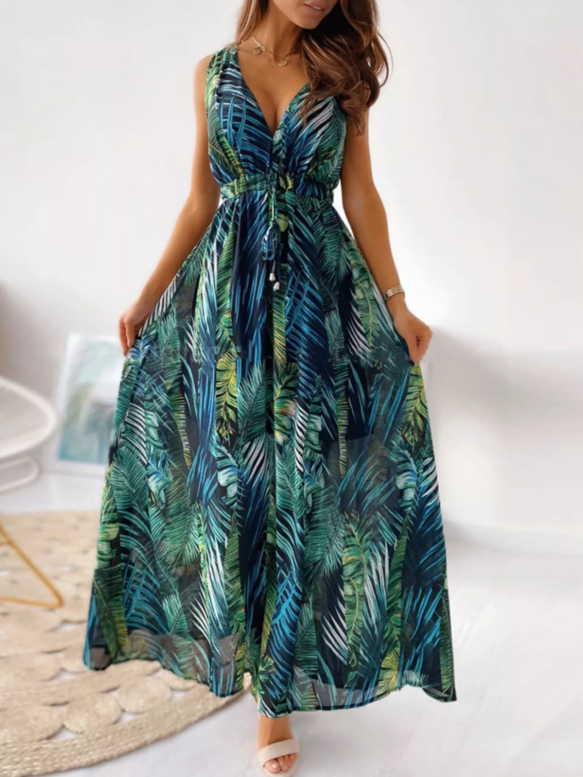 Leaf Print Sleeveless Maxi Dress