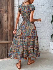 Printed V-Neck Cap Sleeve Dress