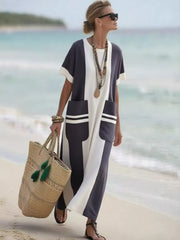 Full Size Color Block Short Sleeve Dress with Pockets Plus Size