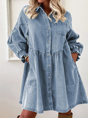 Button-Up Denim Shirt Dress with Smocked Cuffs