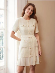 Pleated Hem Round Neck Dress