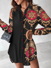 Printed Button Up Long Sleeve Shirt Dress