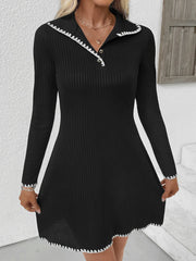 Contrast Trim Texture Long Sleeve Sweater Dress