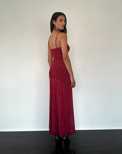 Darsih Cami Maxi Dress Red Grunge Floral Flock