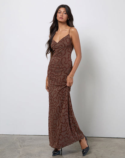 Kalana Maxi Dress in Brown Swirl Flock