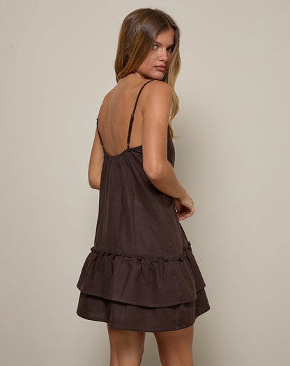Mailina Linen Button Up Mini Dress in Chocolate Brown