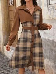 Button Front Plaid Long Sleeve Dress