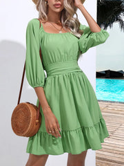 Tie Back Ruffled Hem Square Neck Dress