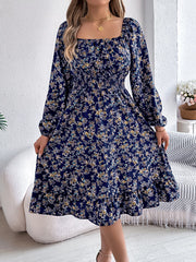 Floral Print Long Sleeve Square Neck Midi Dress