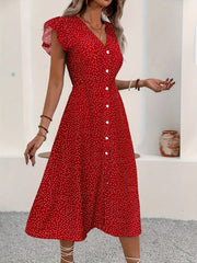 Button-Front Midi Dress with Ruffle Sleeves
