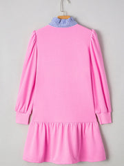 Contrast Striped Collar Patchwork Puff Sleeve Ruffle Hem Mini Dress