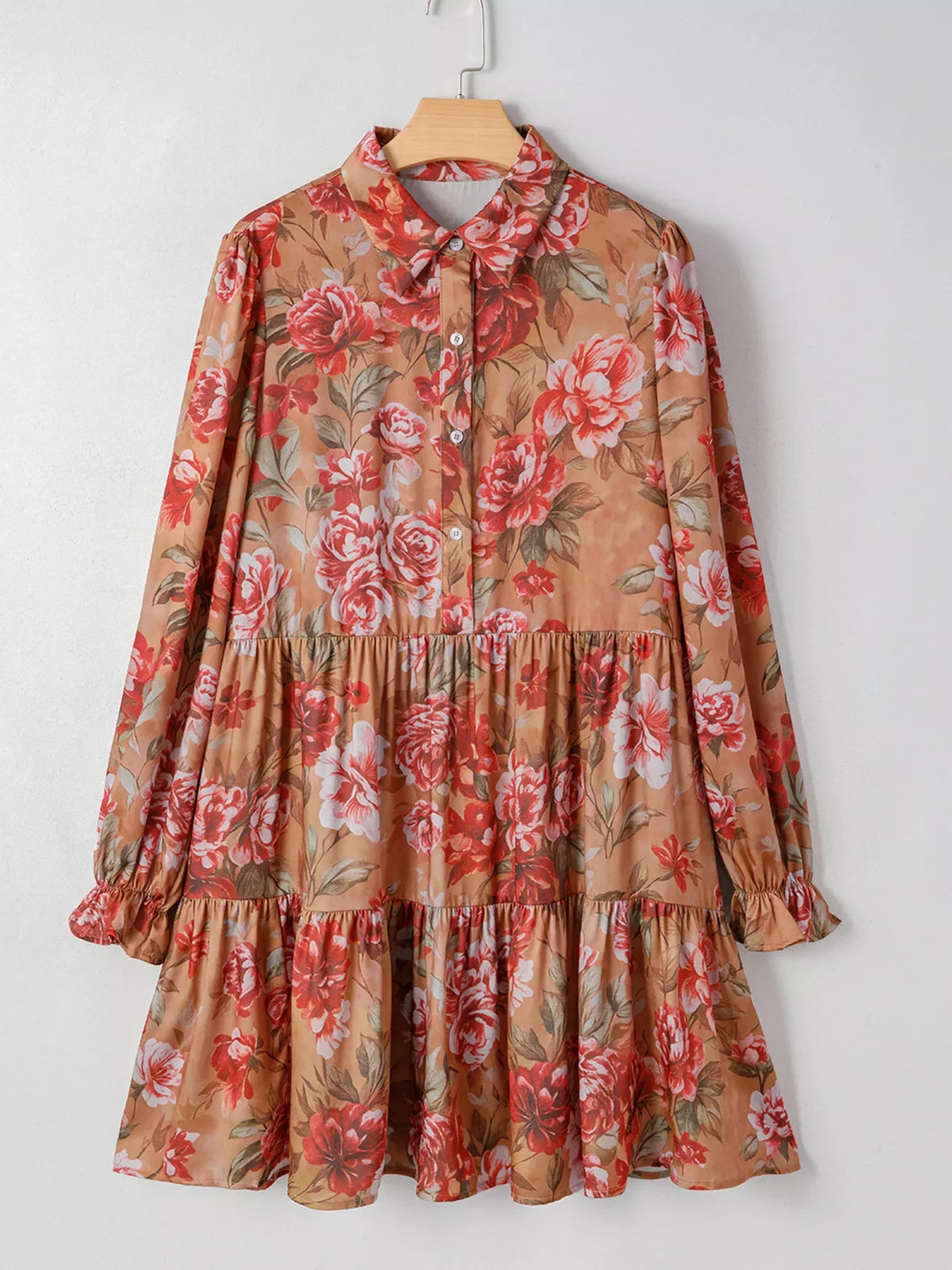 Floral Print Half Button Flounce Sleeve Ruffle Mini Dress