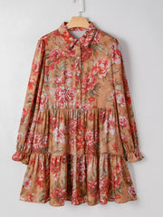 Floral Print Half Button Flounce Sleeve Ruffle Mini Dress