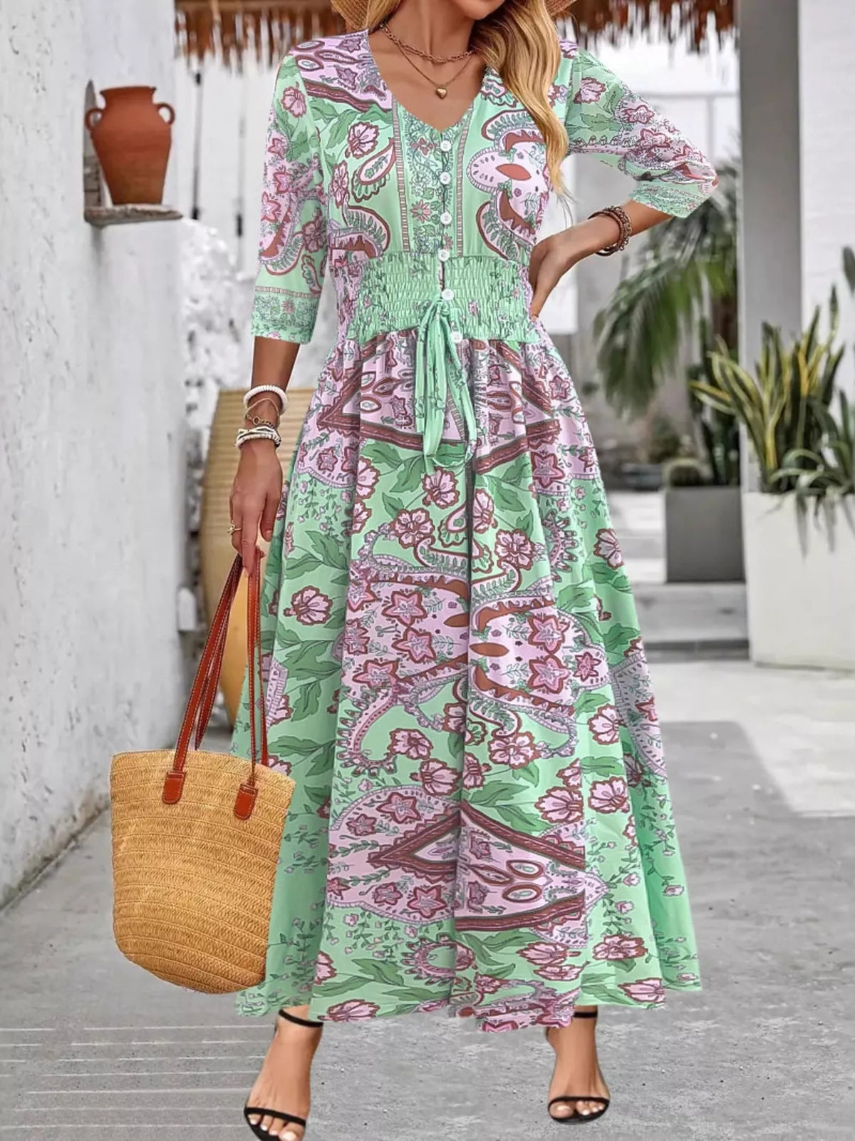 Smocked Printed Half Sleeve Dress