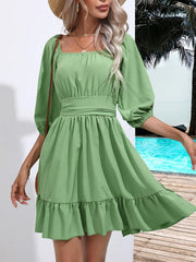 Tie Back Ruffled Hem Square Neck Dress