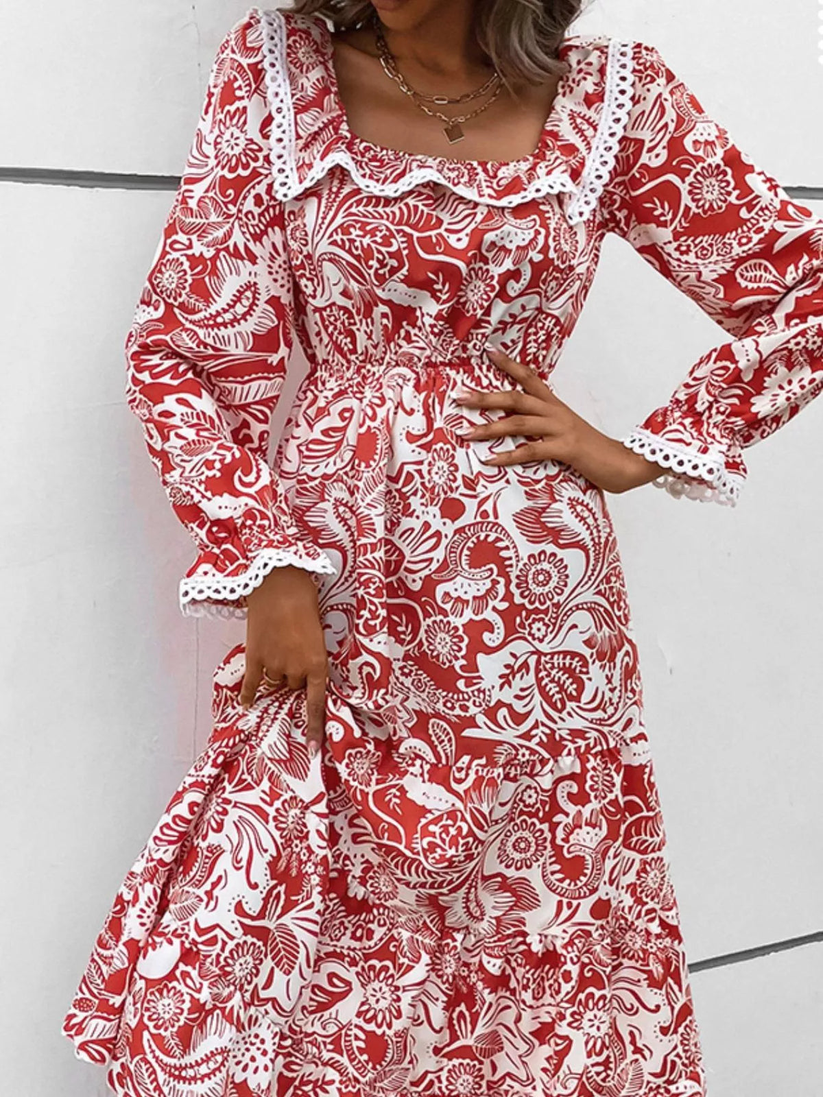 Printed Square Neck Long Sleeve Dress