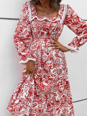 Printed Square Neck Long Sleeve Dress