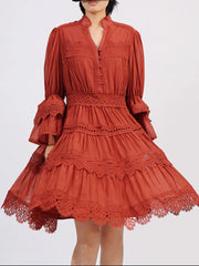 Ruffle Lace Trim Long Sleeve Dress
