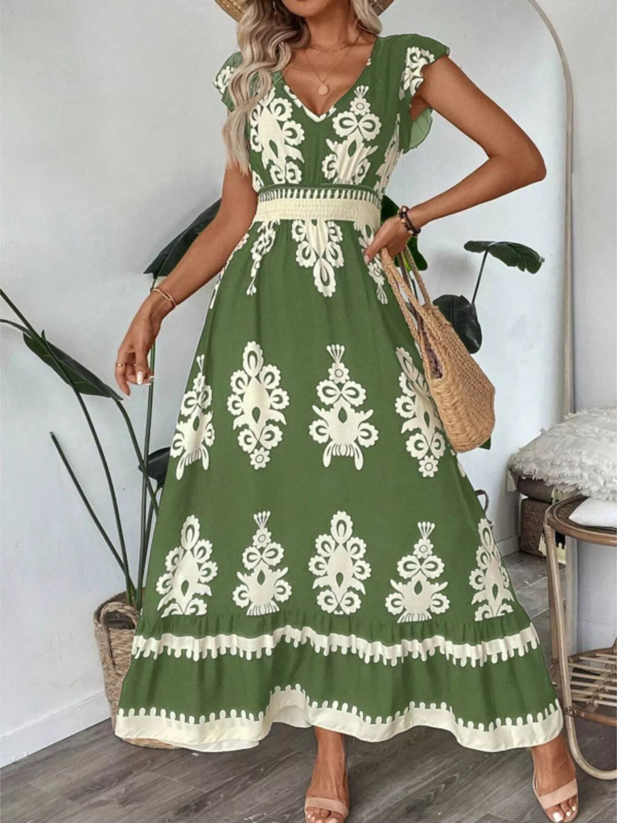 Printed V-Neck Ruffled Cap Sleeve Dress