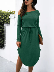 One-Shoulder Long Sleeve Midi Dress with Drawstring Waist