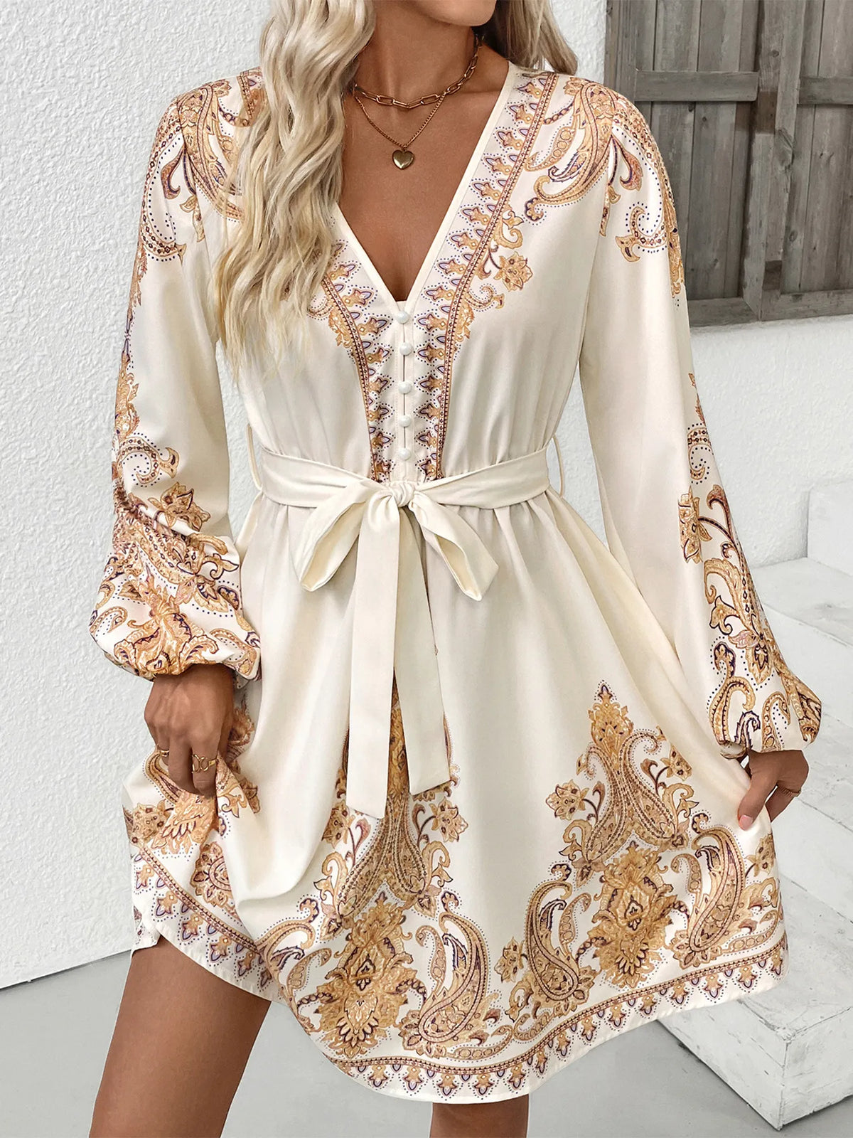 Printed Tie Waist Long Sleeve Dress